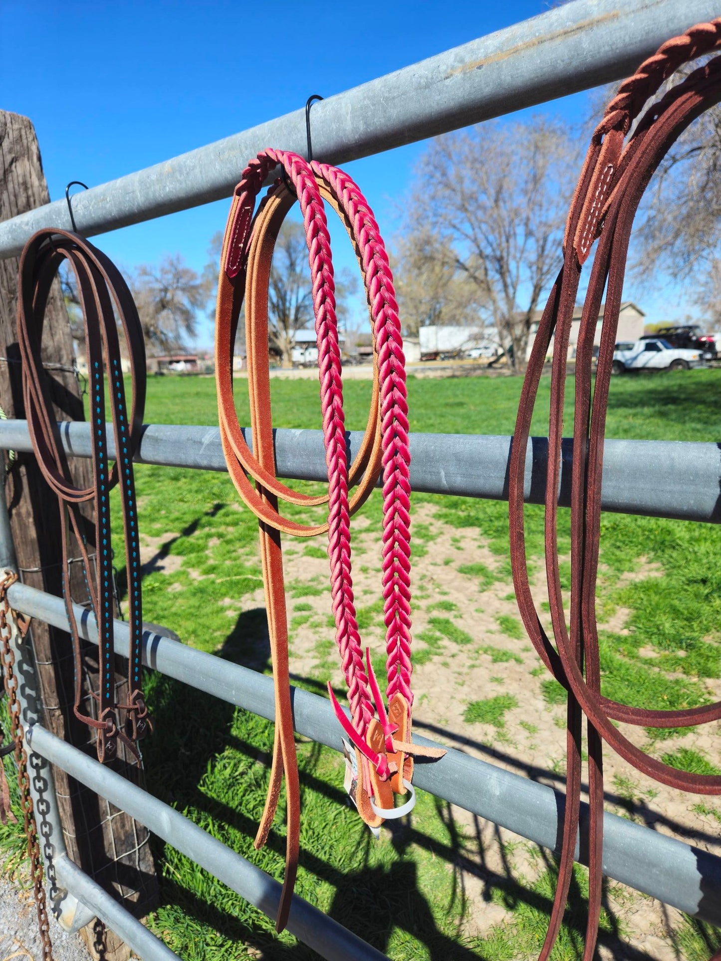 Raspberry blood knot reins